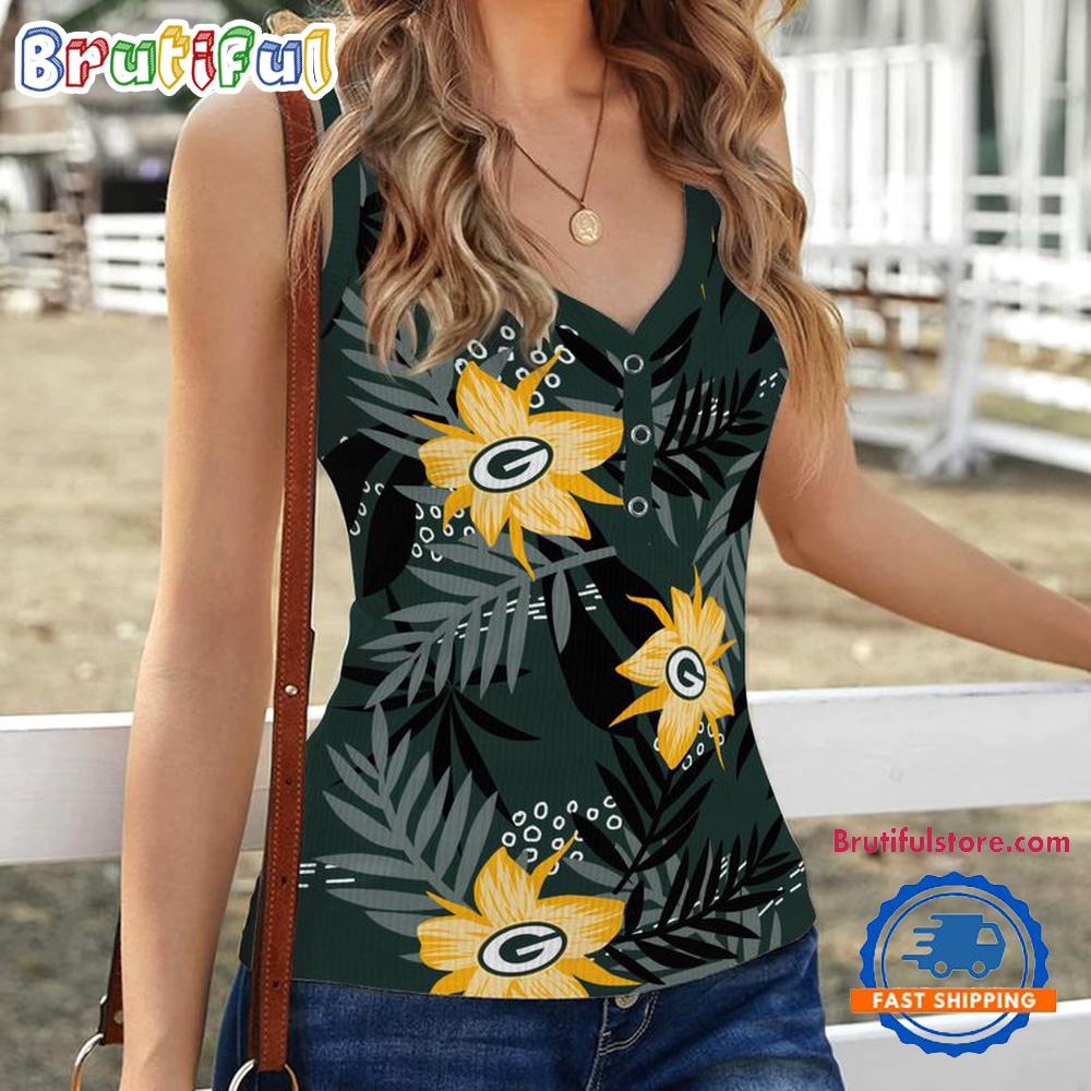 Green Bay Packers Hibiscus Pattern Women's V-Neck Ribbed Tank Top