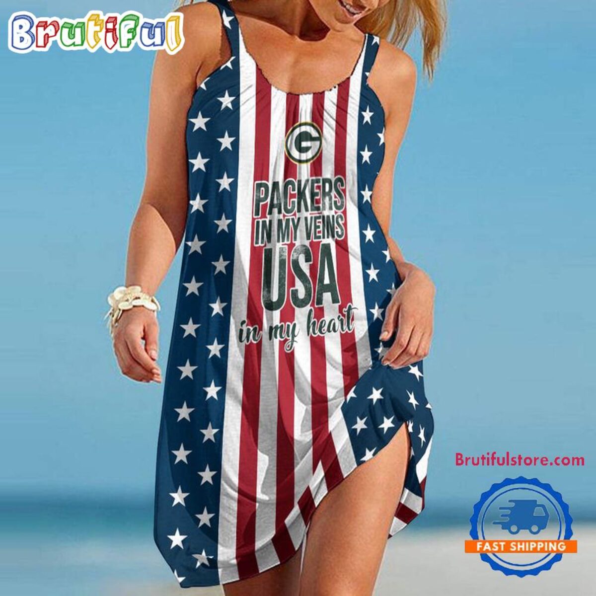 Green Bay Packers In My Veins USA In My Heart Independence Day Women's Summer Beach Sling Dress Green Bay Packers In My Veins USA In My Heart Independence Day Women's Summer Beach Sling Dress