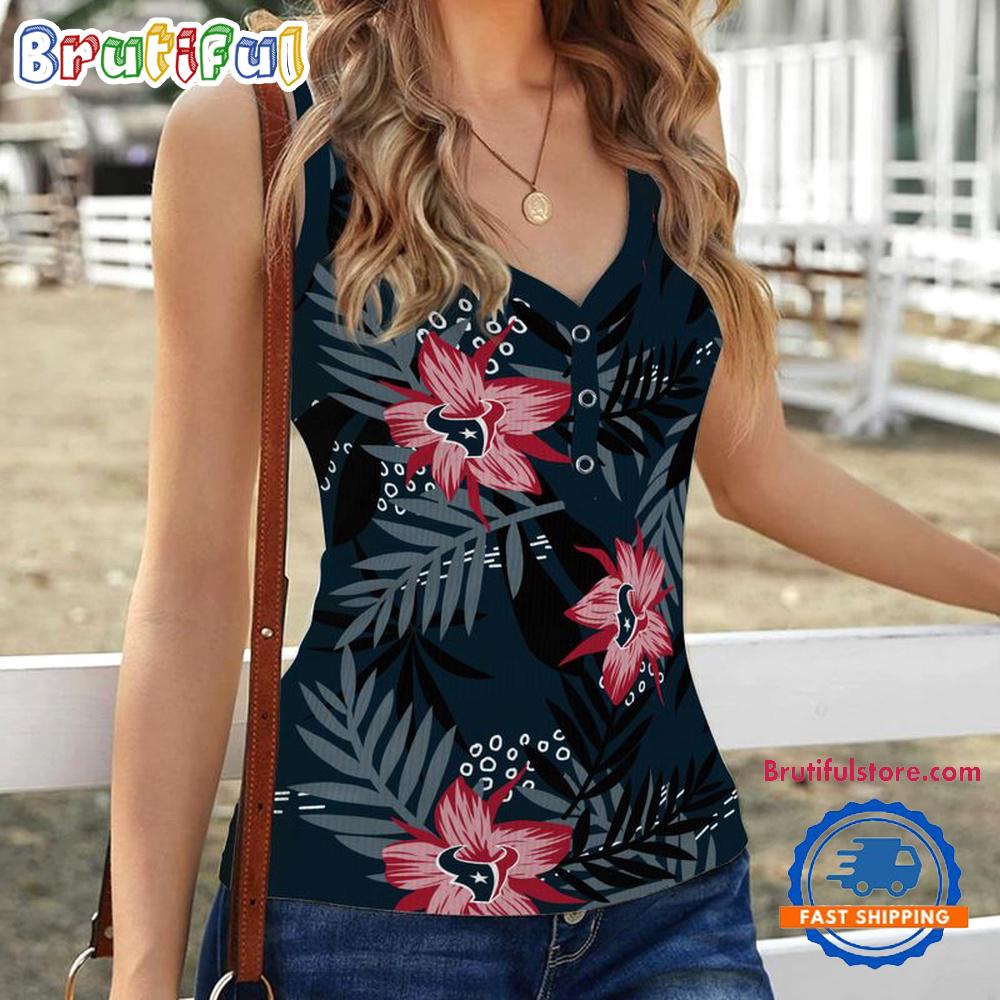 Houston Texans Hibiscus Pattern Women's V-Neck Ribbed Tank Top
