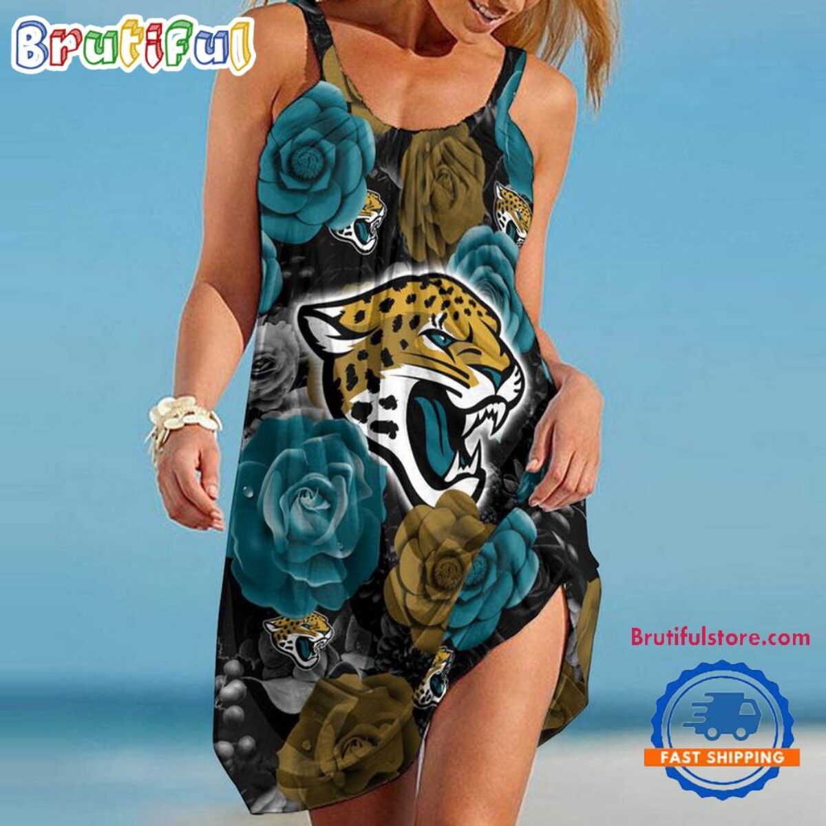 jaguars jersey dress Jacksonville Jaguars Flower Women's Summer Beach Sling Dress