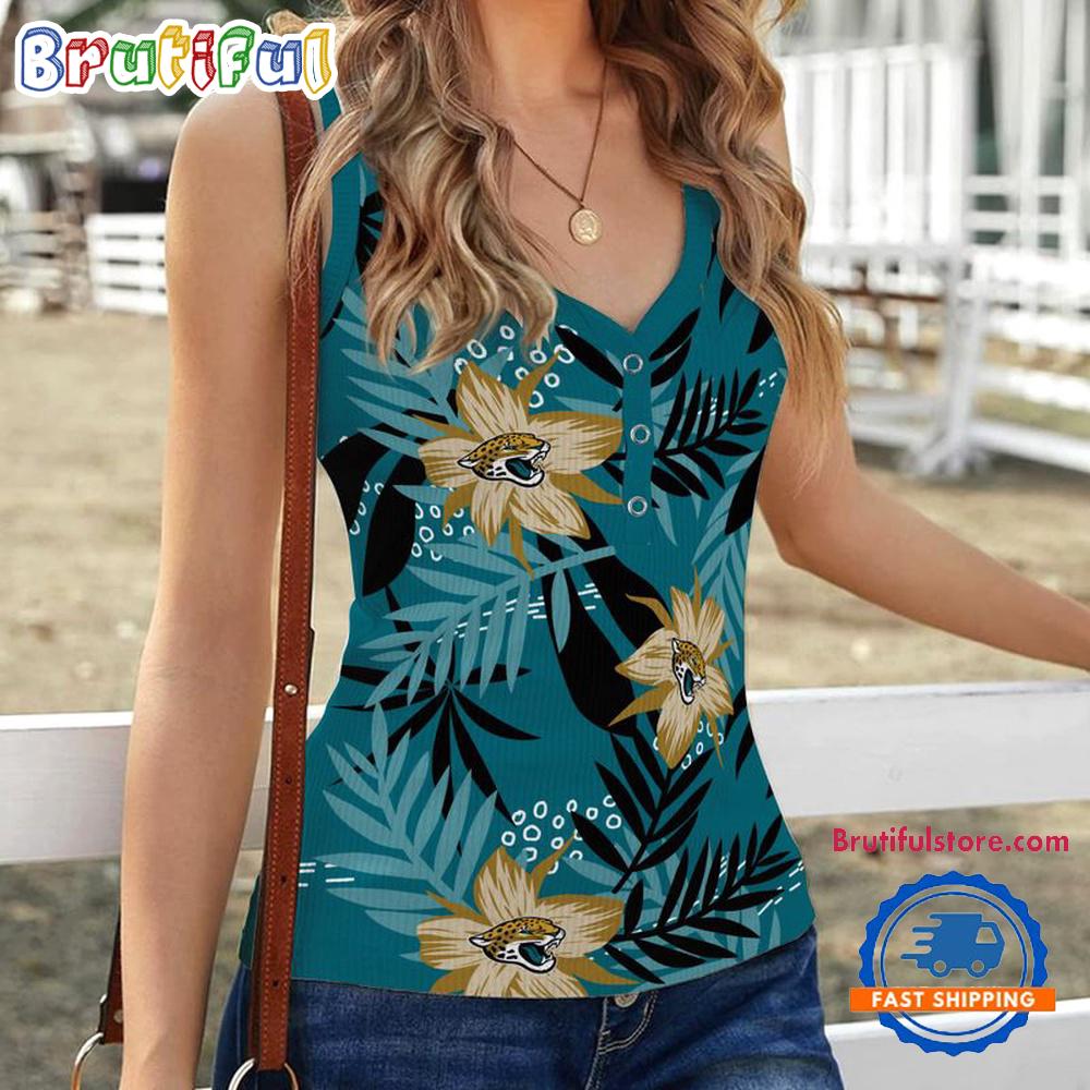 Jacksonville Jaguars Hibiscus Pattern Women's V-Neck Ribbed Tank Top