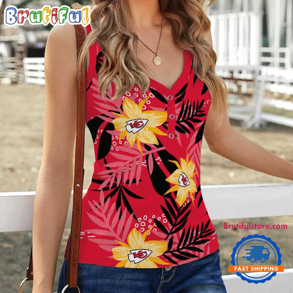 Kansas City Chiefs Hibiscus Pattern Women's V-Neck Ribbed Tank Top
