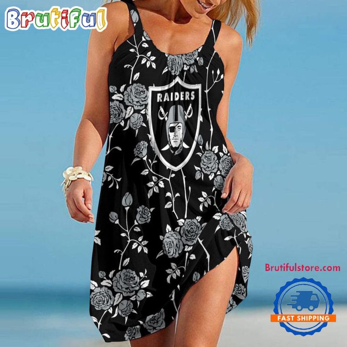 raiders t shirt dress Las Vegas Raiders Flower Women's Summer Beach Sling Dress