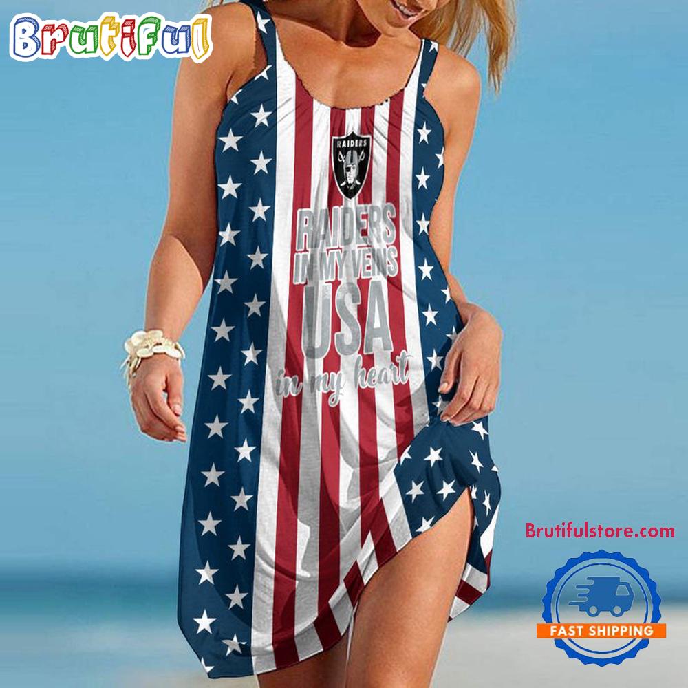 Las Vegas Raiders In My Veins USA In My Heart Independence Day Women's Summer Beach Sling Dress