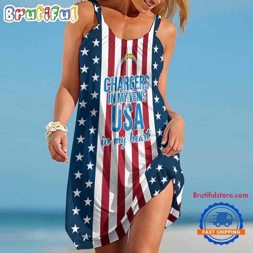 Los Angeles Chargers In My Veins USA In My Heart Independence Day Women's Summer Beach Sling Dress