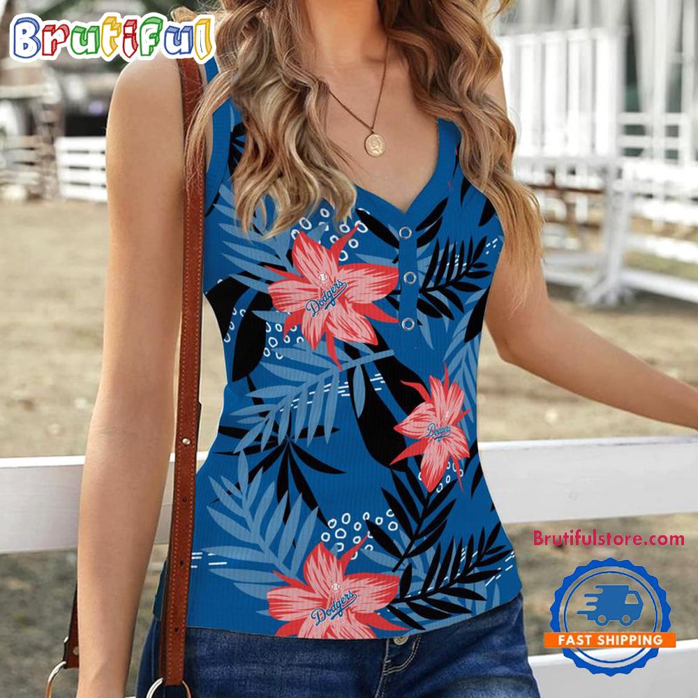 Los Angeles Dodgers Hibiscus Pattern Women's V-Neck Ribbed Tank Top
