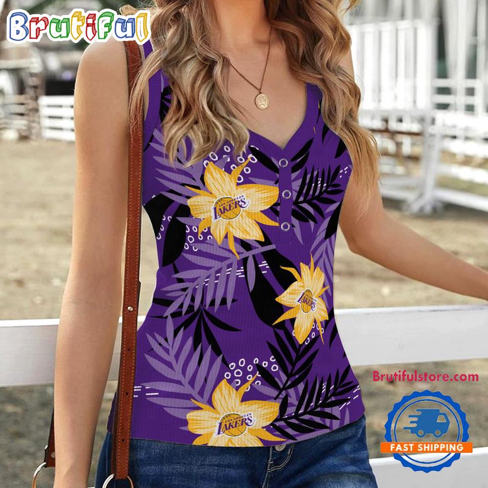 Los Angeles Lakers Hibiscus Pattern Women's V-Neck Ribbed Tank Top