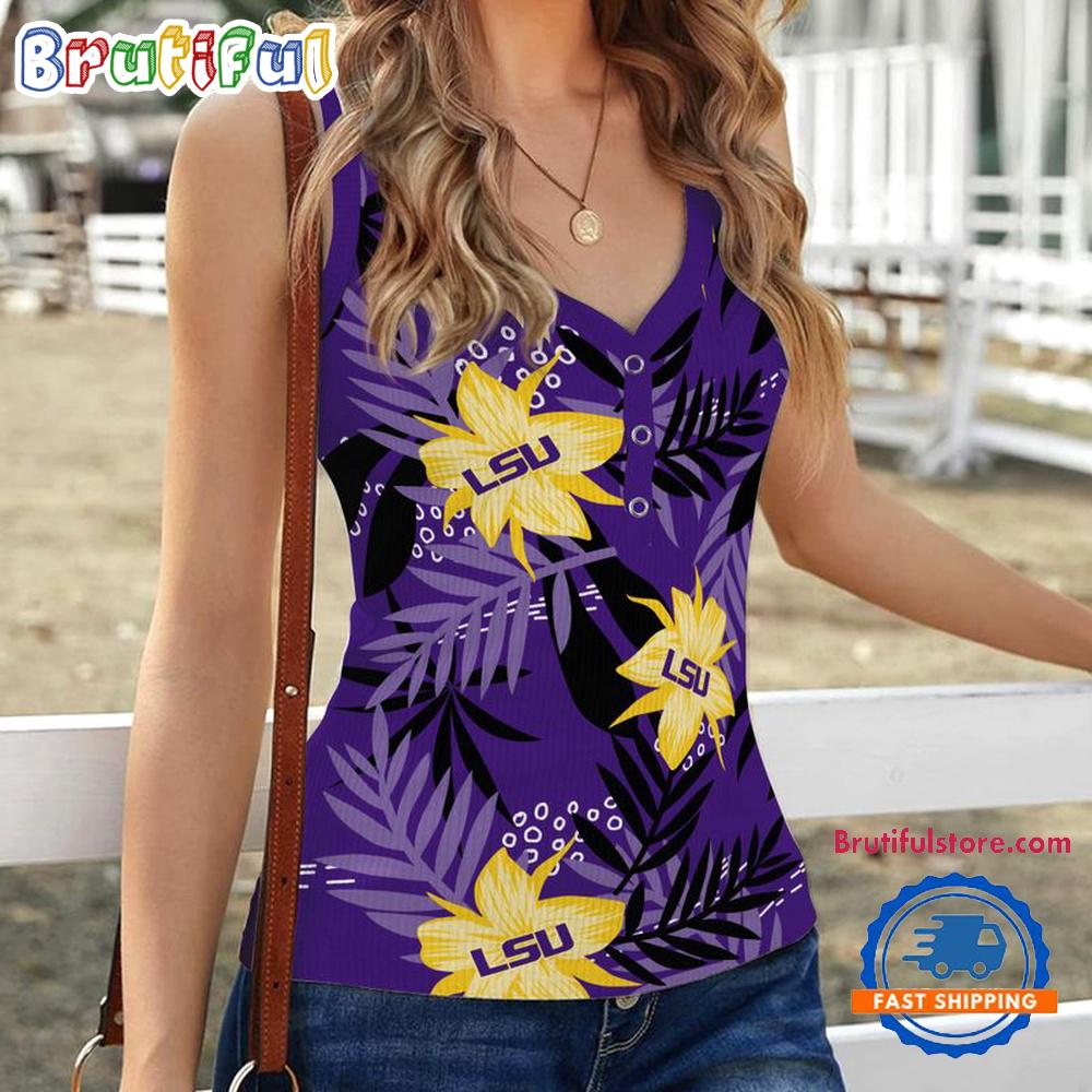 LSU Tigers Hibiscus Pattern Women's V-Neck Ribbed Tank Top