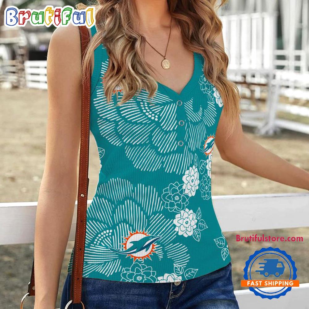 Miami Dolphins Flower Pattern Women's V-Neck Ribbed Tank Top