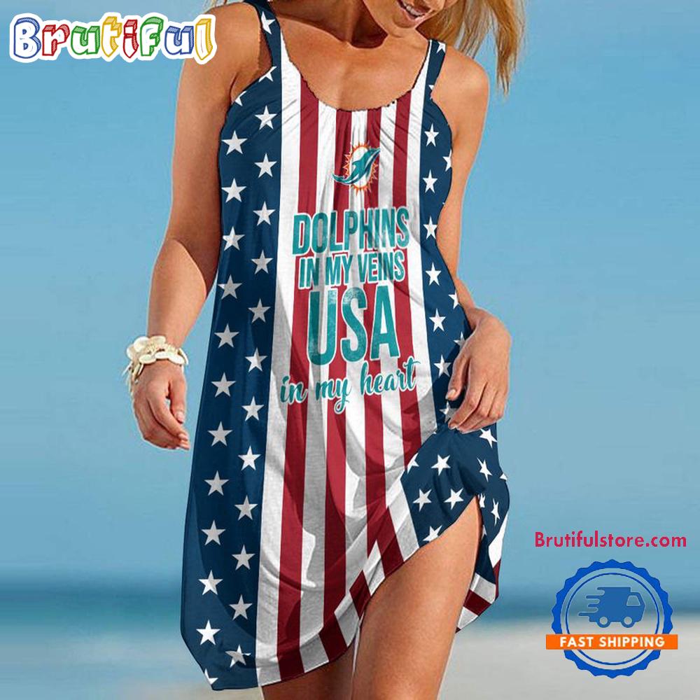 Miami Dolphins In My Veins USA In My Heart Independence Day Women's Summer Beach Sling Dress