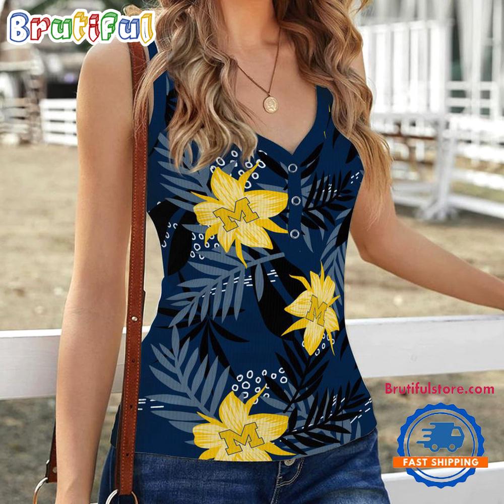 Michigan Wolverines Hibiscus Pattern Women's V-Neck Ribbed Tank Top