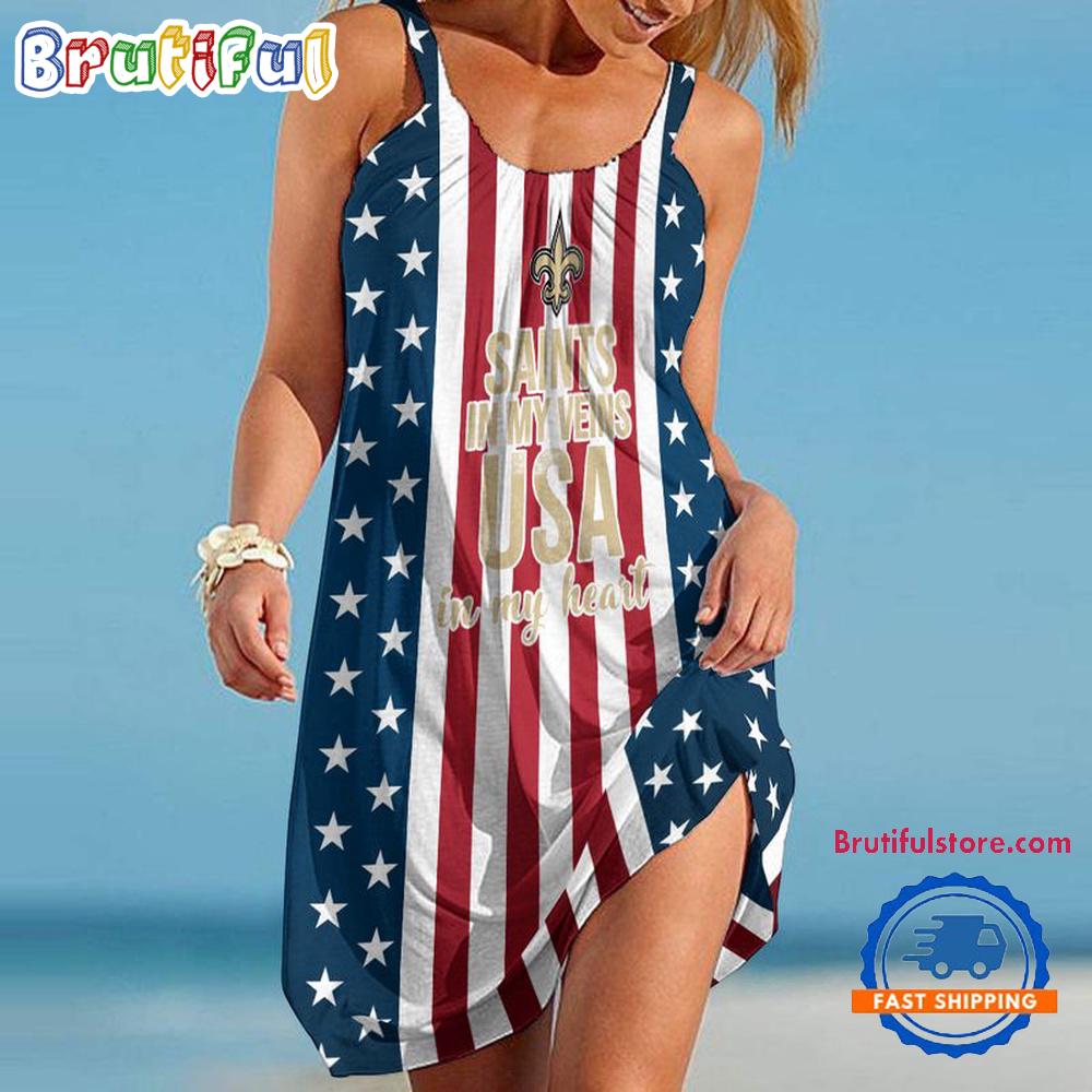 New Orleans Saints In My Veins USA In My Heart Independence Day Women's Summer Beach Sling Dress