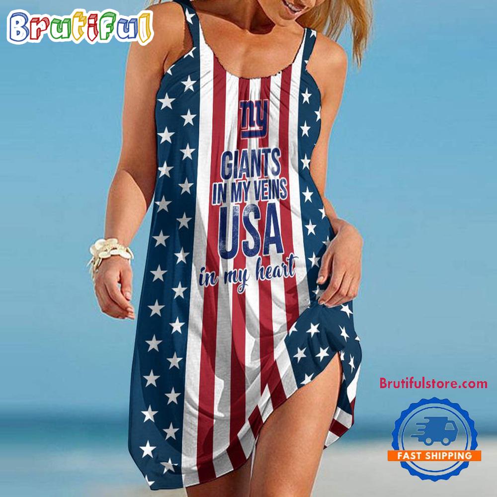 New York Giants In My Veins USA In My Heart Independence Day Women's Summer Beach Sling Dress