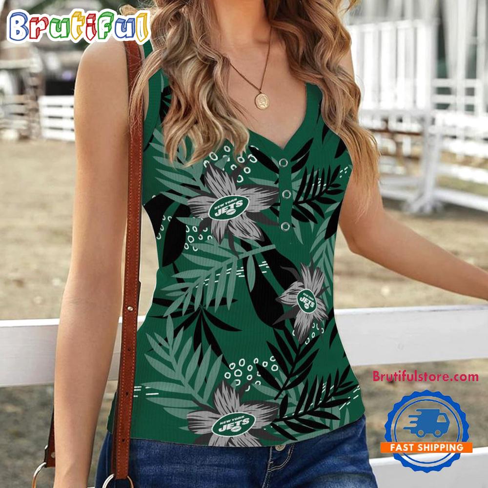 New York Jets Hibiscus Pattern Women's V-Neck Ribbed Tank Top