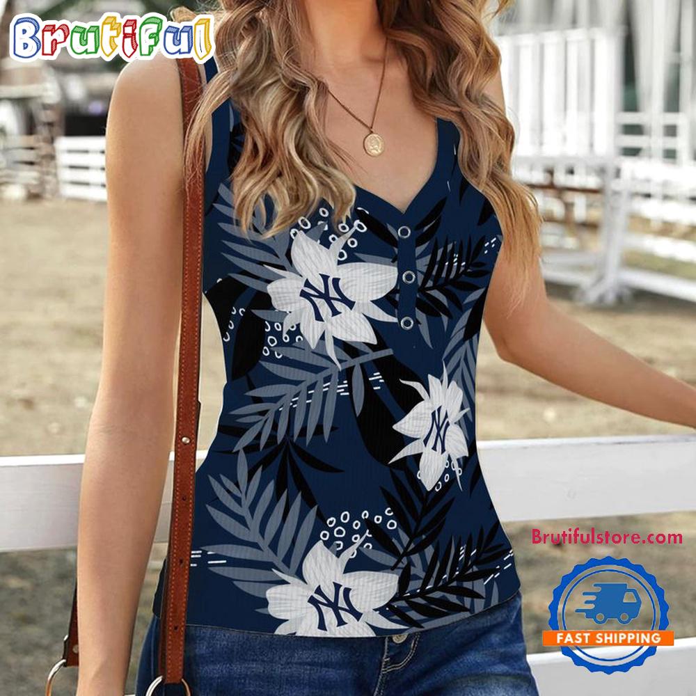 New York Yankees Hibiscus Pattern Women's V-Neck Ribbed Tank Top