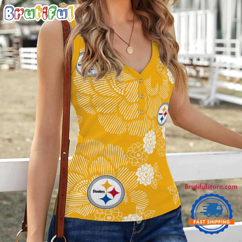 Pittsburgh Steelers Flower Pattern Women's V-Neck Ribbed Tank Top