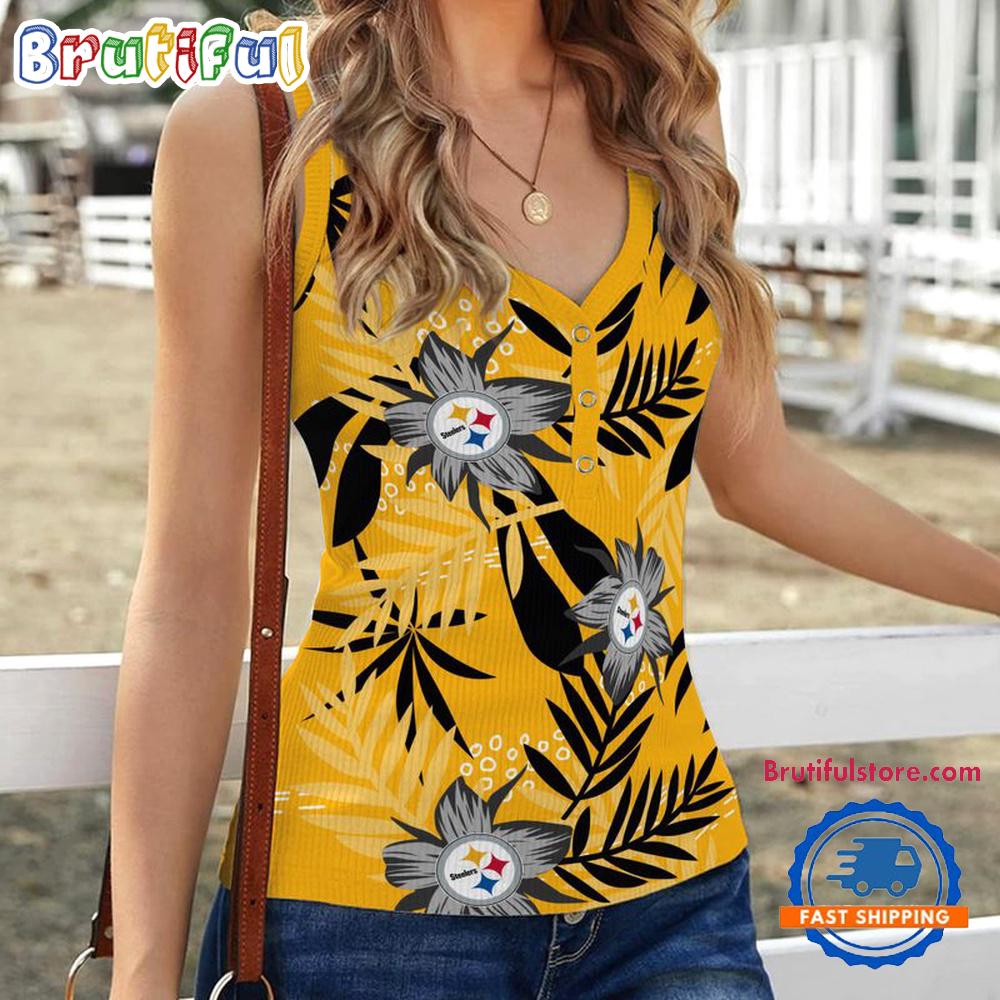 Pittsburgh Steelers Hibiscus Pattern Women's V-Neck Ribbed Tank Top
