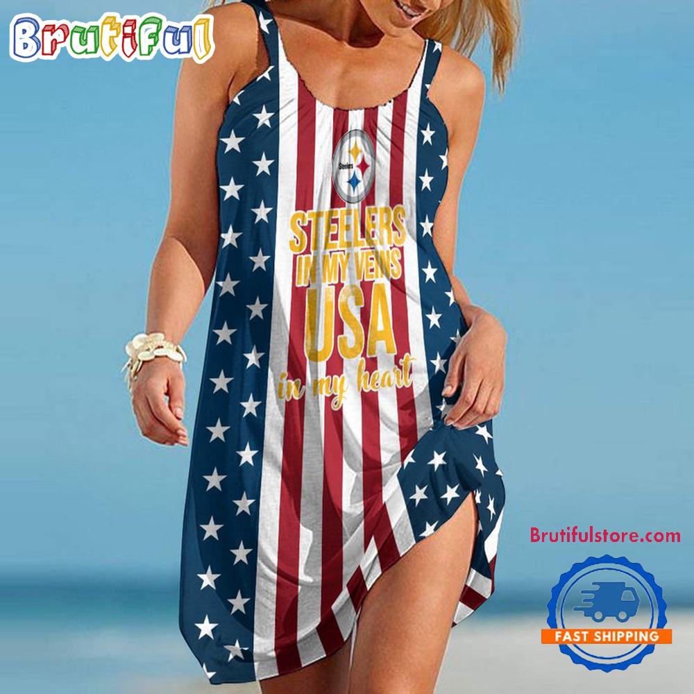 Pittsburgh Steelers In My Veins USA In My Heart Independence Day Women's Summer Beach Sling Dress