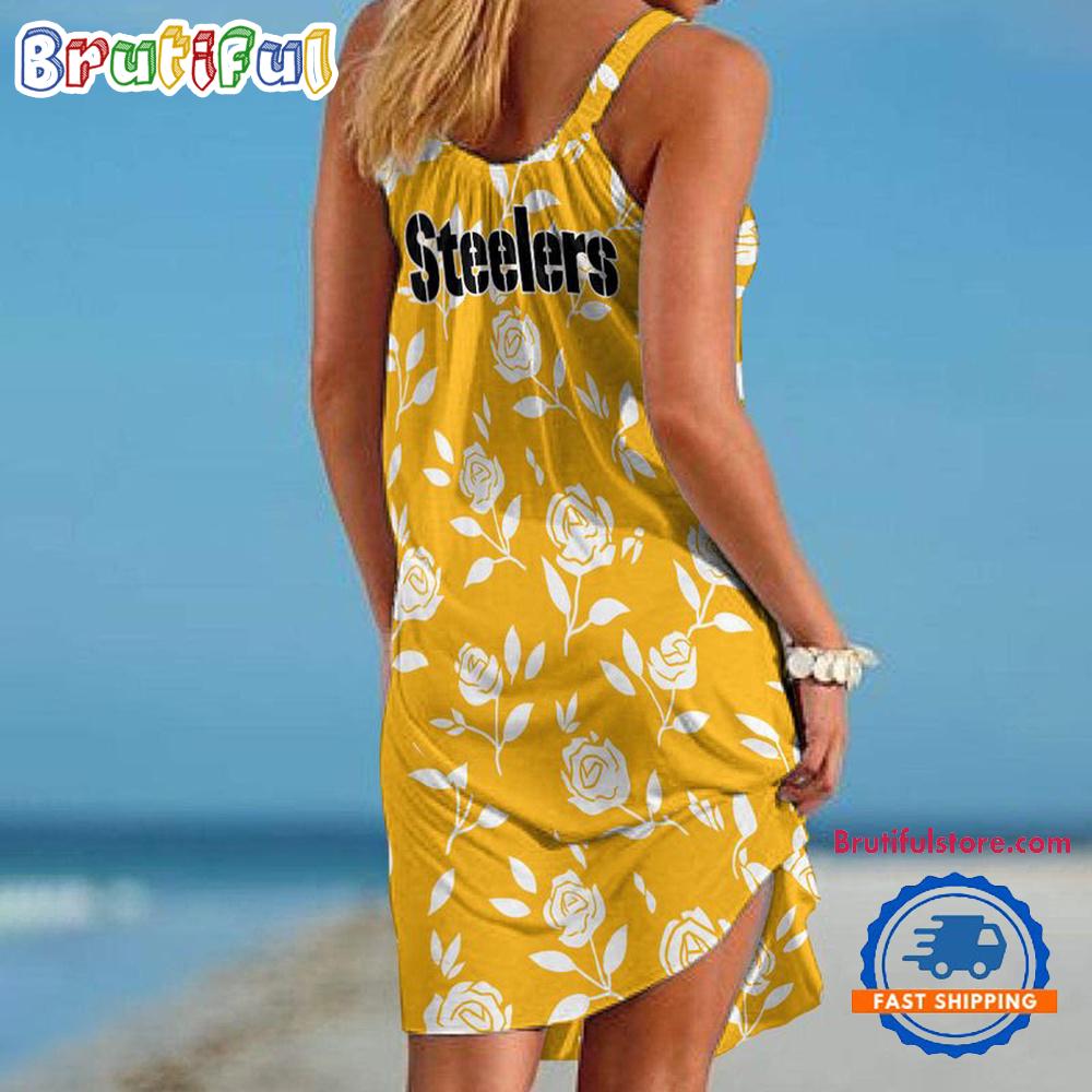 Pittsburgh Steelers Rose Pattern Women’s Summer Beach Sling Dress