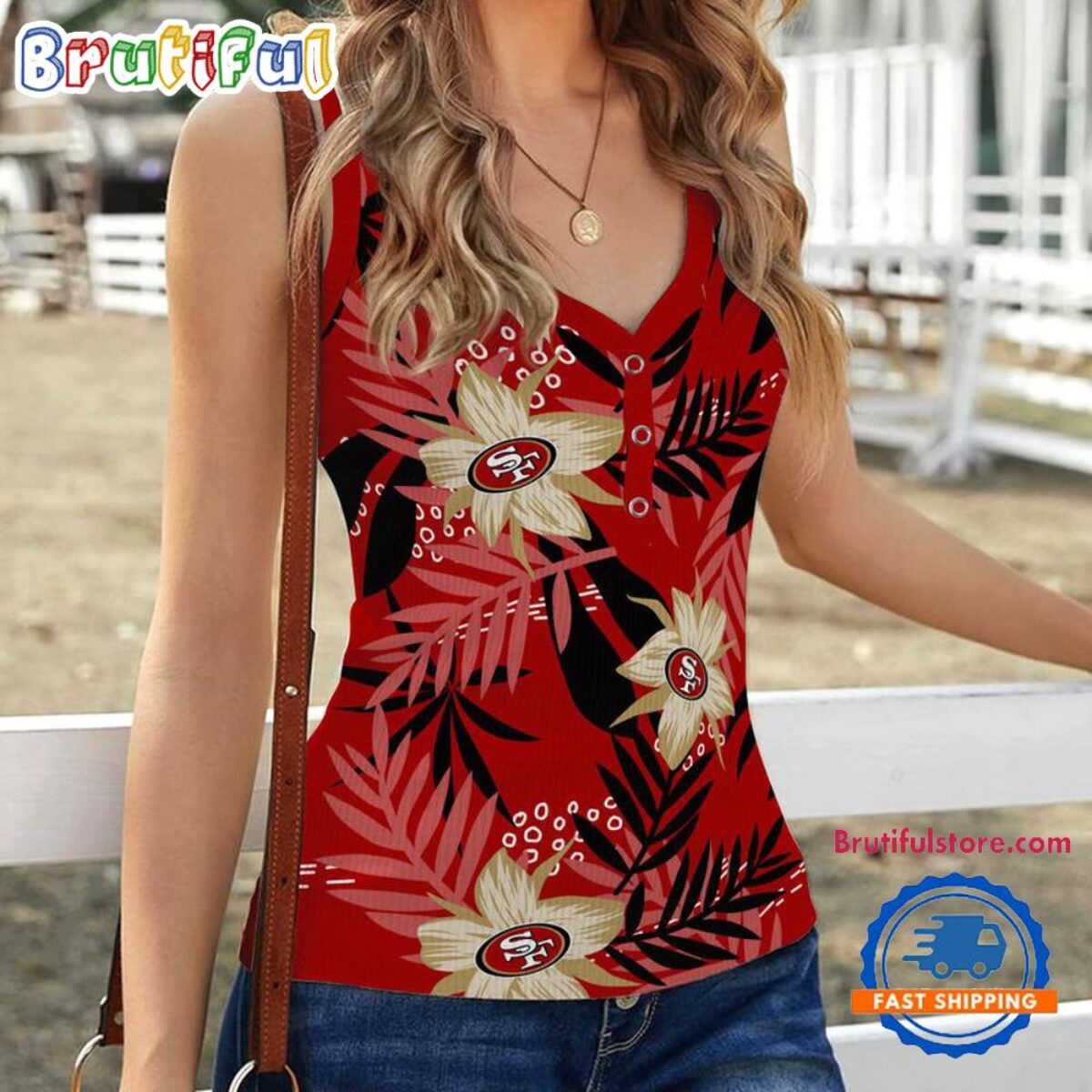 San Francisco 49ers Hibiscus Pattern Women's V-Neck Ribbed Tank Top