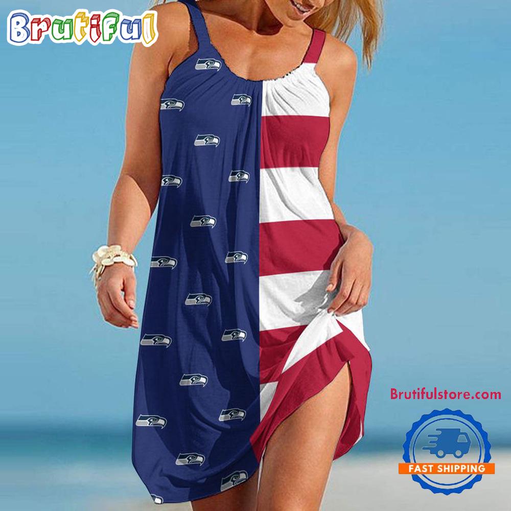 Seattle Seahawks USA Flag Design Women's Summer Beach Sling Dress