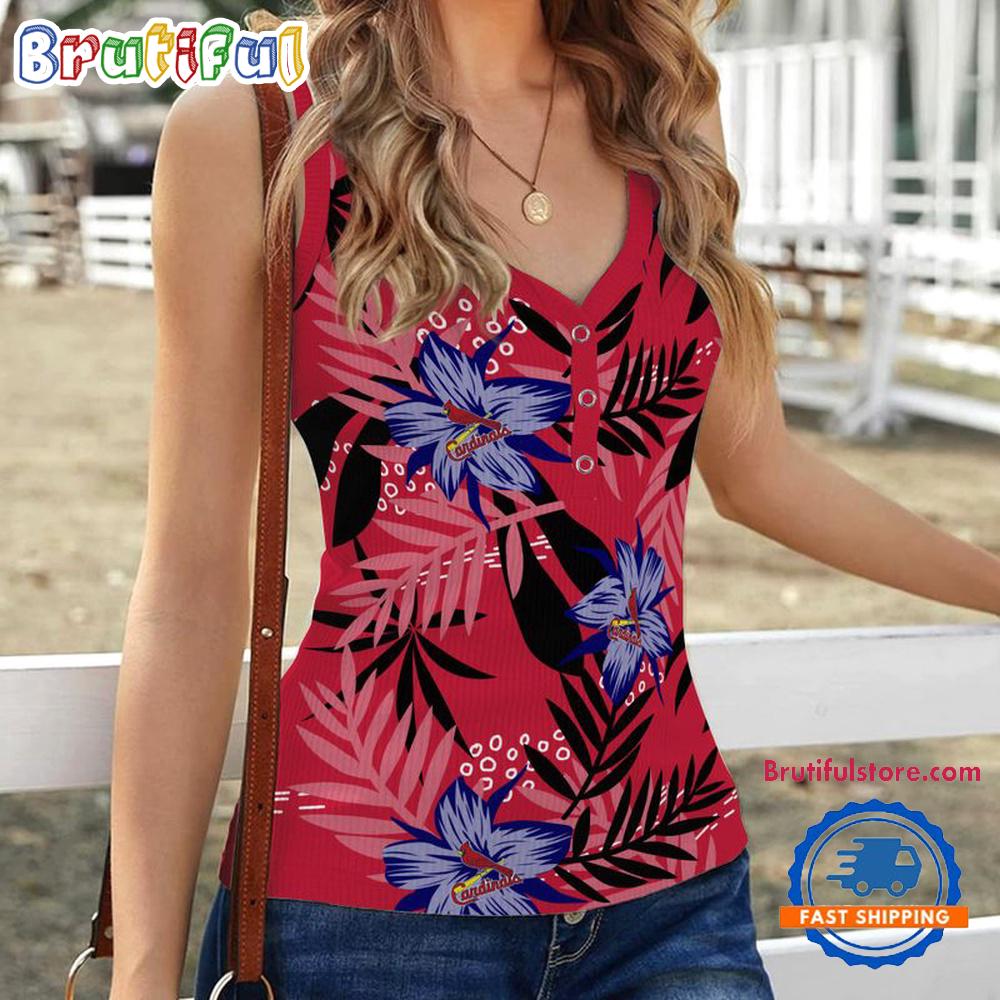 St. Louis Cardinals Hibiscus Pattern Women's V-Neck Ribbed Tank Top