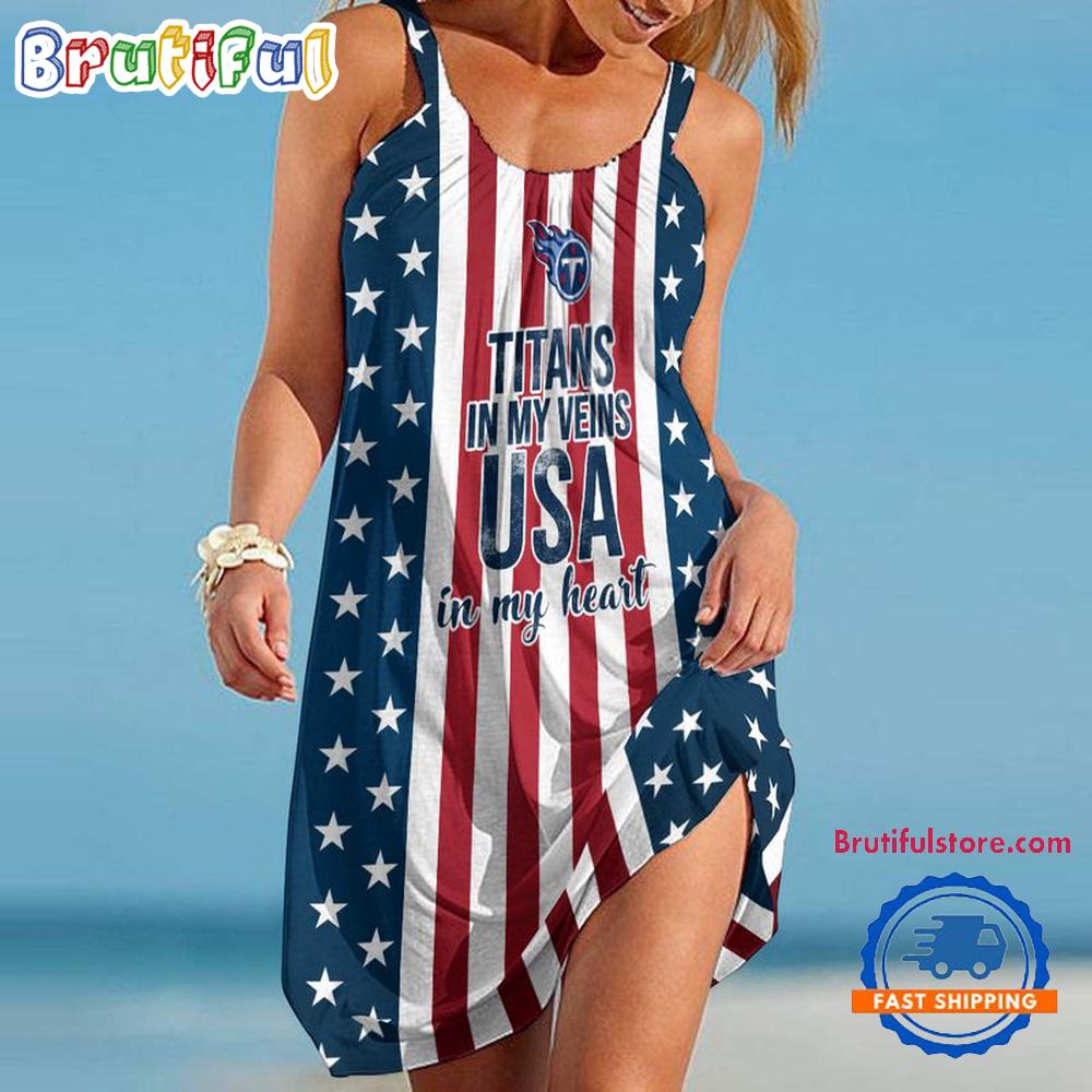 Tennessee Titans In My Veins USA In My Heart Independence Day Women's Summer Beach Sling Dress
