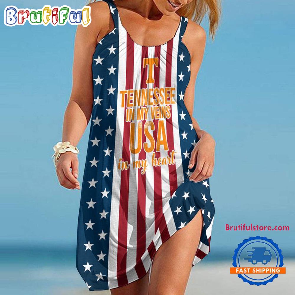 Tennessee Volunteers In My Veins USA In My Heart Independence Day Women's Summer Beach Sling Dress