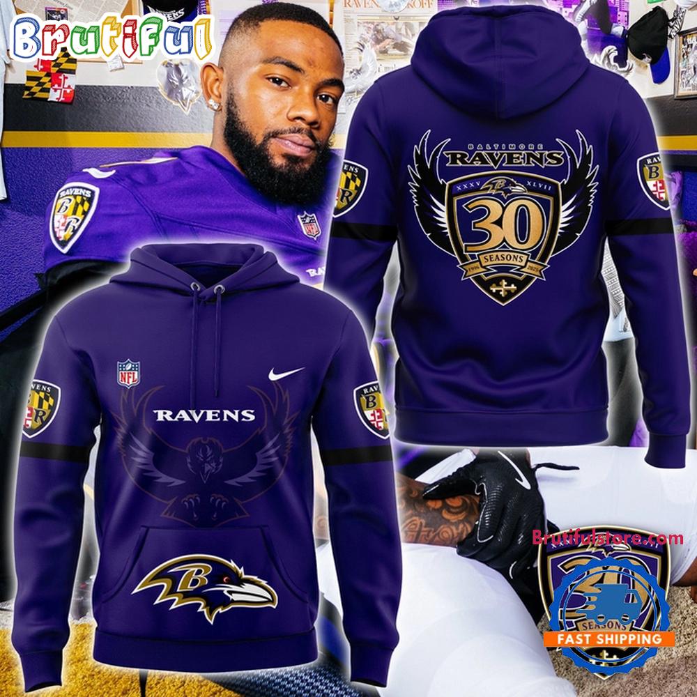 Baltimore Ravens 30 Season 1996 -2026 Throwback Hoodie