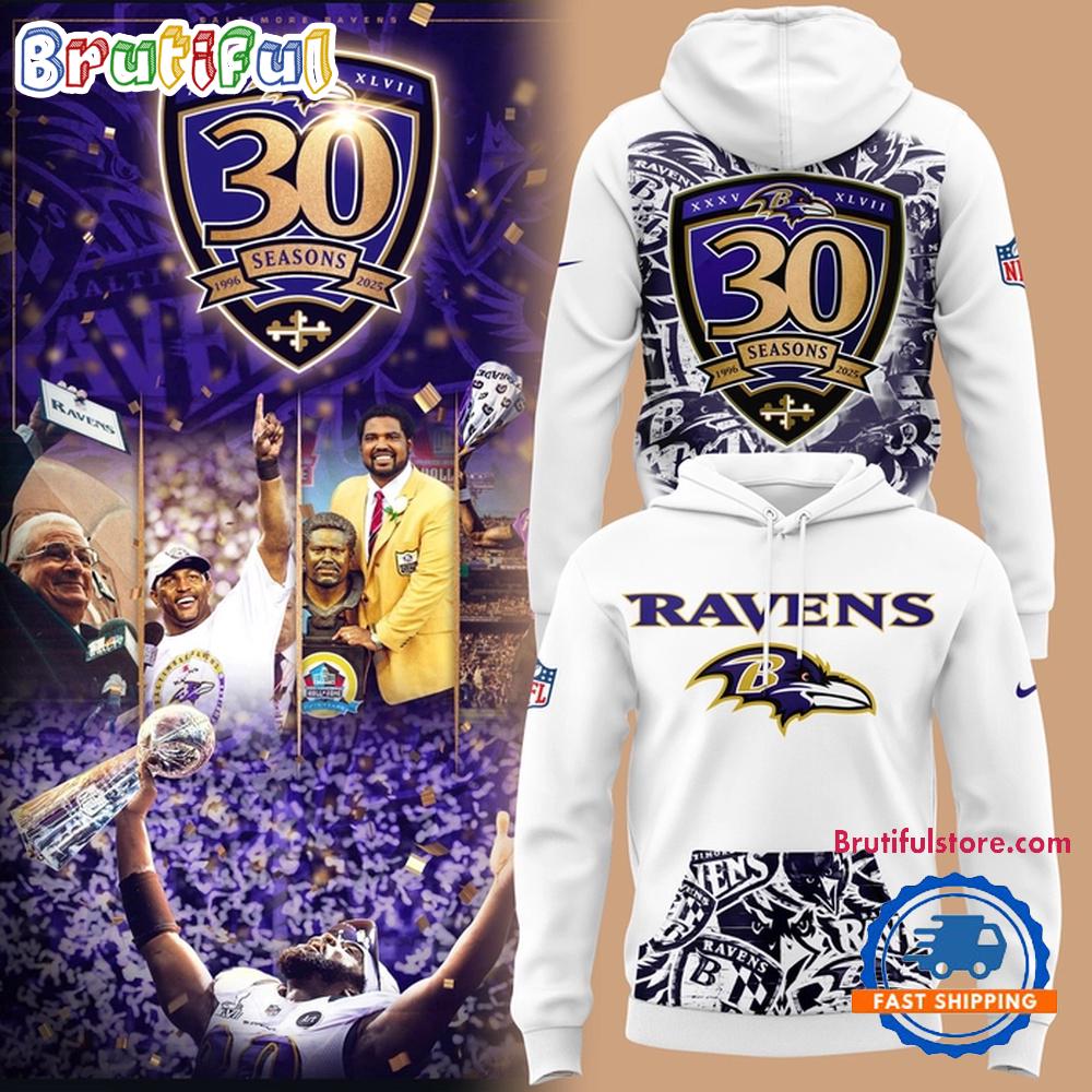 Baltimore Ravens 30 Season 1996 -2026 White Hoodie