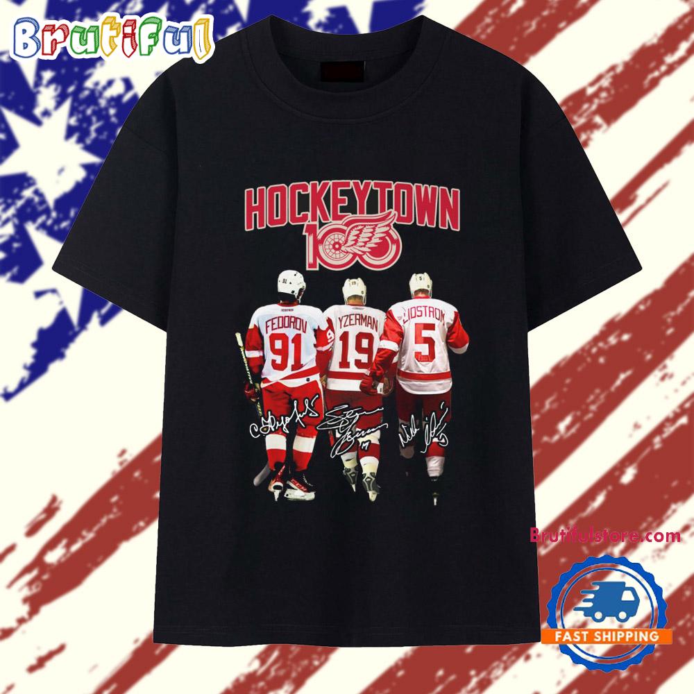 Detroit Red Wings Hockey Town 100 Years Signature T Shirt