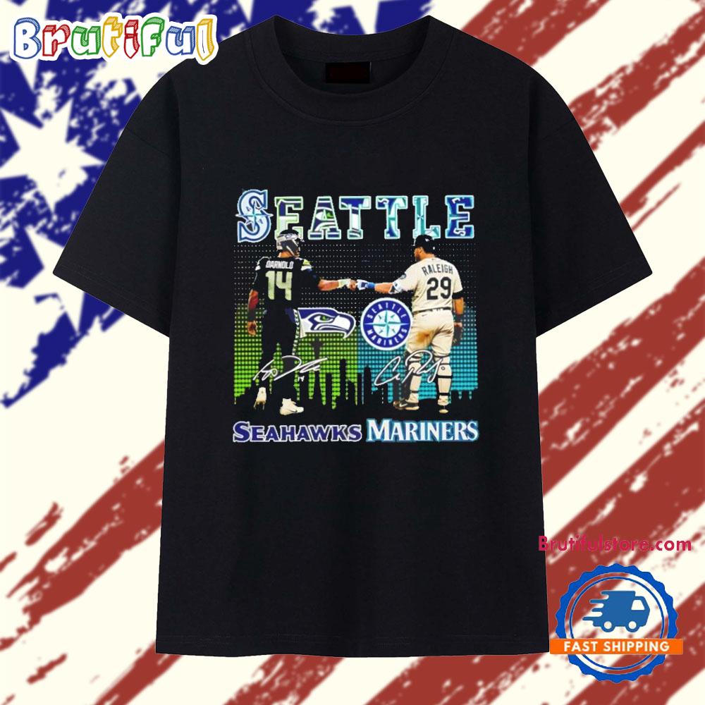 Seattle Seahawks Sam Darnold And Seattle Mariners Cal Raleigh Skyline City Signatures T Shirt