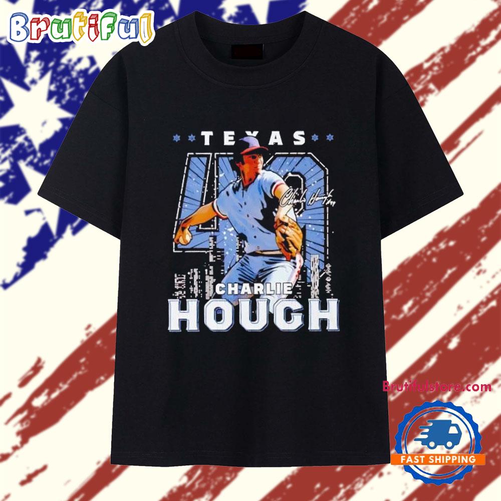 Charlie Hough Texas Skyline Throwing Signature T Shirt