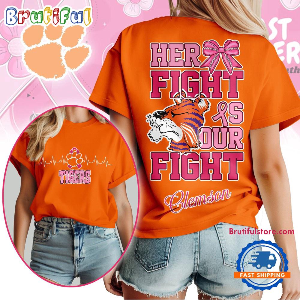 Clemson Tigers NCAA Her Fight Is Our Fight Breast Cancer Unisex 3D Shirt