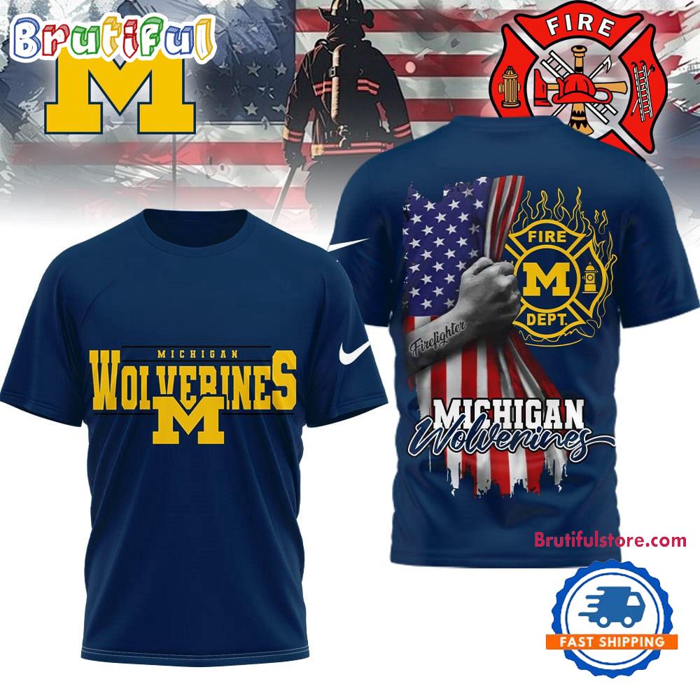 Michigan Wolverines 2025 NCAA Firefighter American Flag 3D Shirt