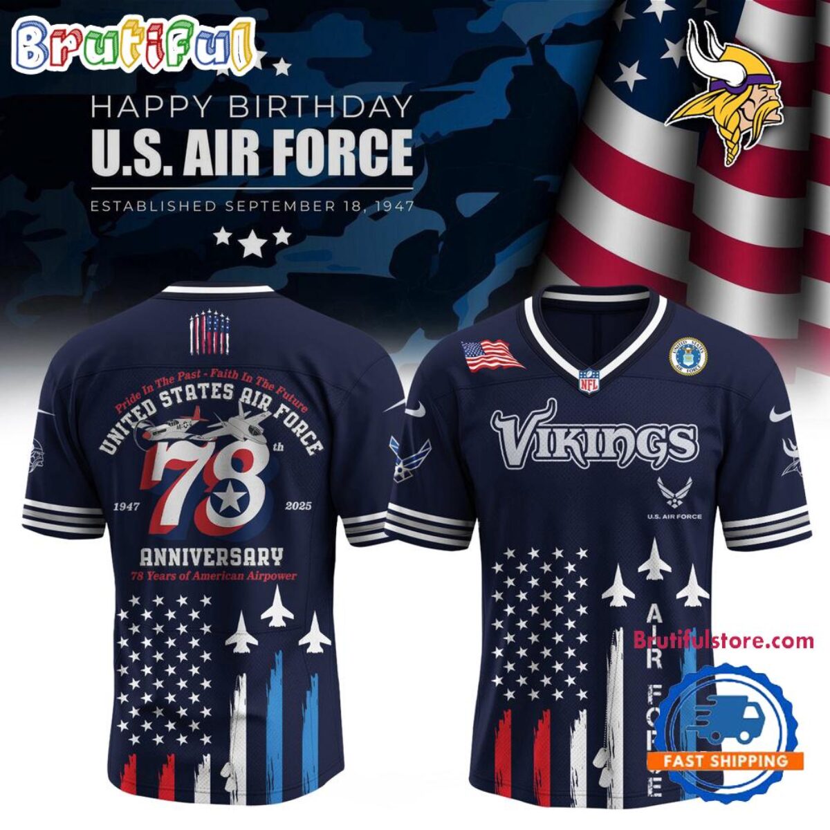 Minnesota Vikings 2025 NFL US Air Force Birthday Football Jersey