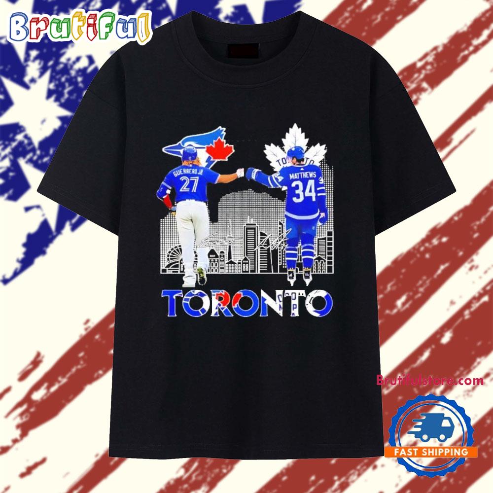 Auston Matthews Maple Leafs vs Vladimir Guerrero Jr Blue Jays Signatures T Shirt