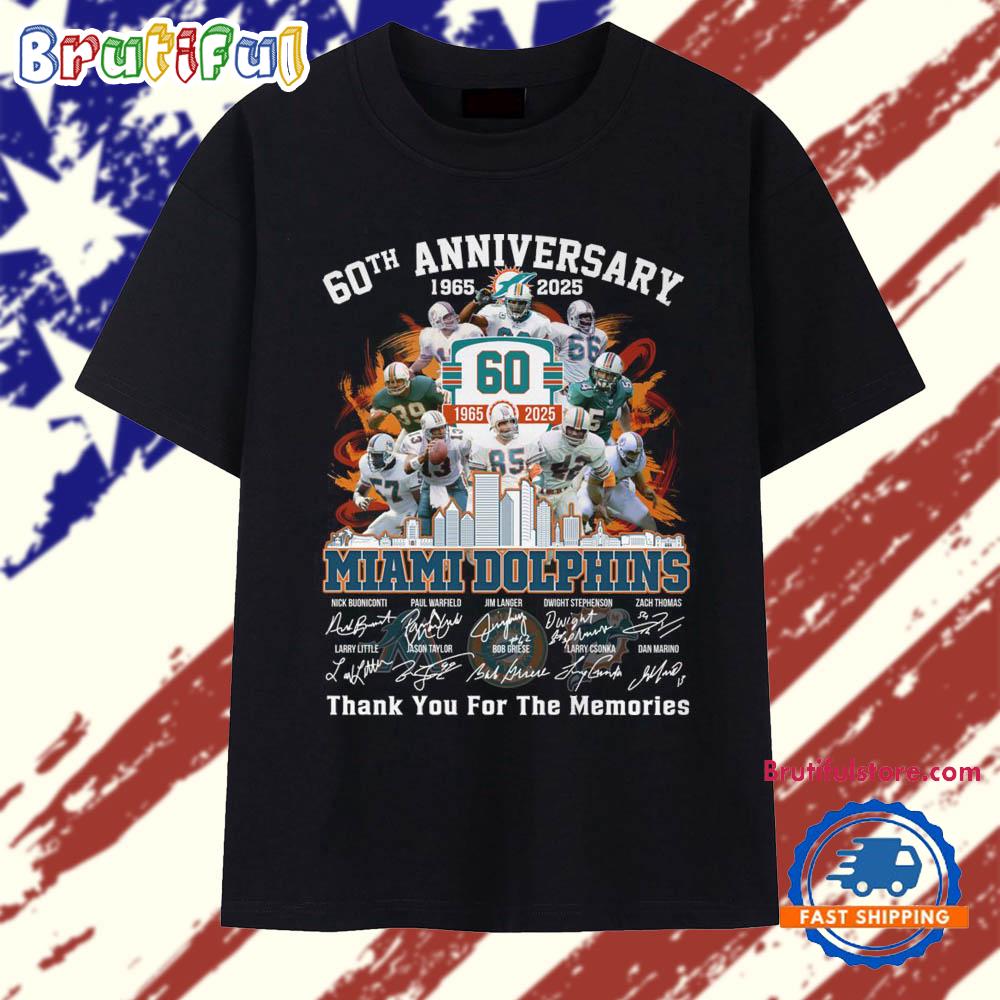 60th Anniversary 1965-2025 Miami Dolphins Thank You For The Memories Vintage T Shirt