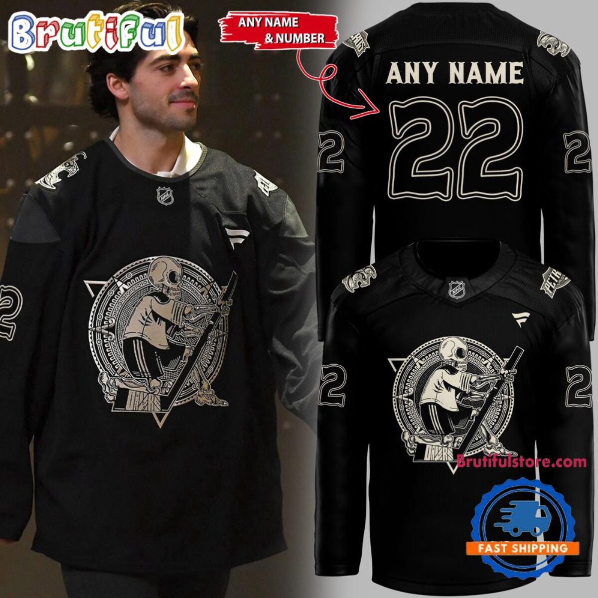 美品 野田洋次郎着 Black Eye Patch Hockey Jersey Edmonton Oilers DiaDeMuertos 2025 Limited Edition Hockey Jersey