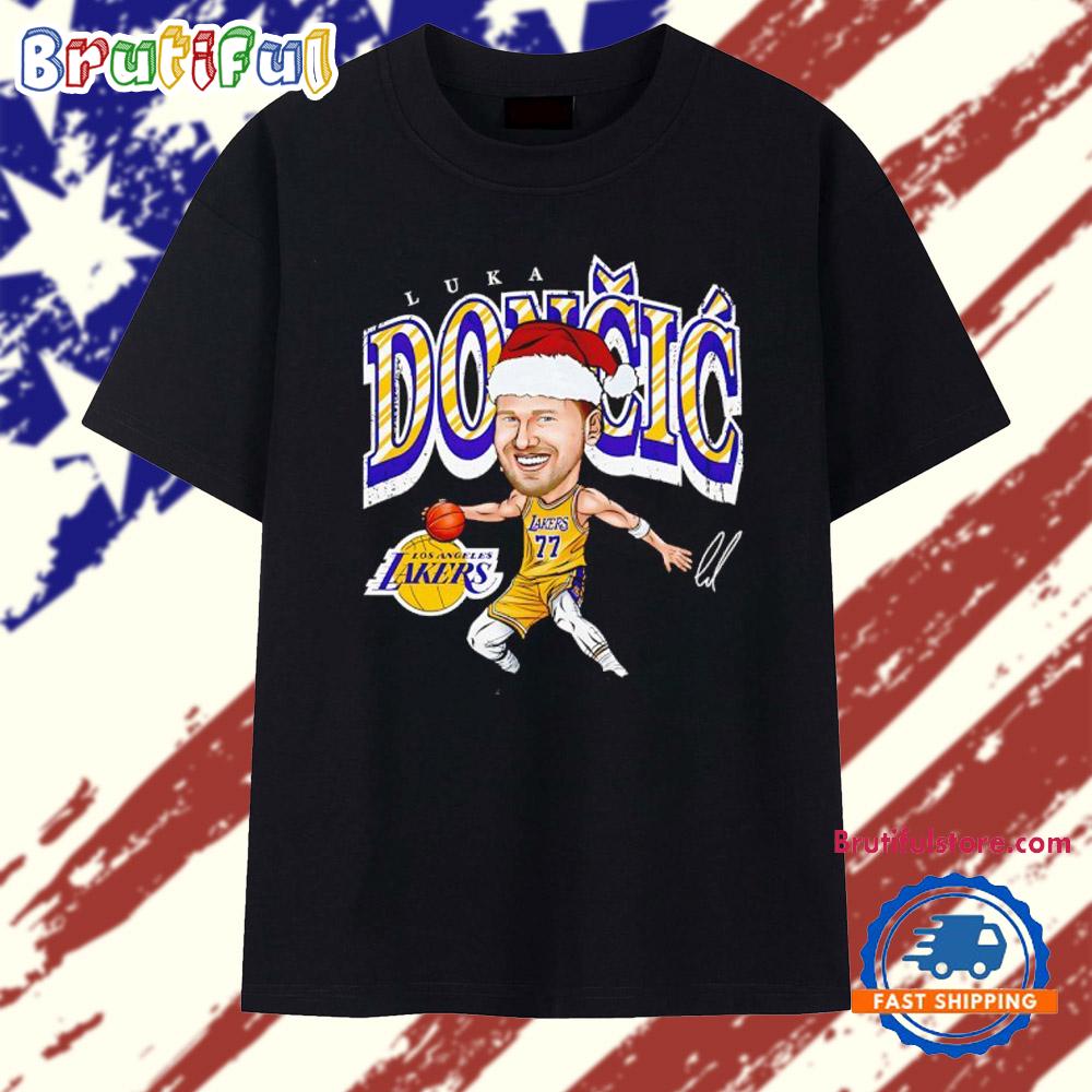 Luka Doncic with Santa hat Los Angeles Lakers caricature signature T Shirt