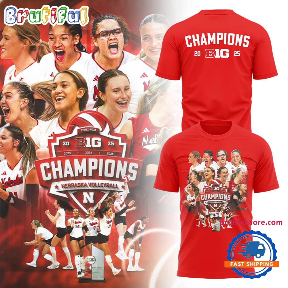 Nebraska Cornhuskers Volleyball Big 2025 Champions Team Graphic Red 3D Shirt