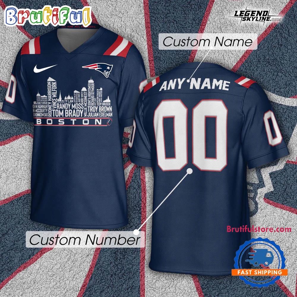 New England Patriots Football Greatest Of All Time Team Legends Boston City Skyline Jersey Shirt