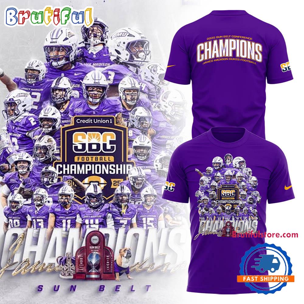James Madison Dukes Football 2025 SUN BELT CHAMPIONS Team Graphic T Shirt