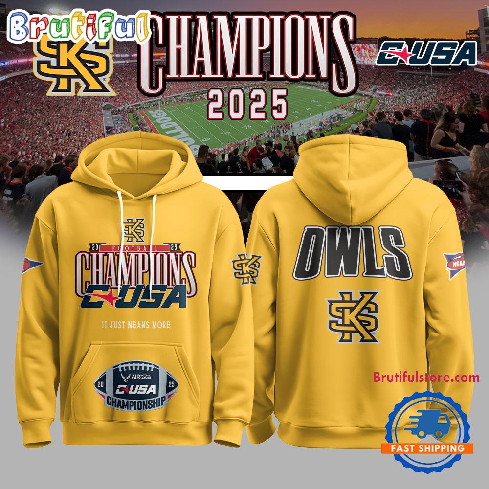 Kennesaw State Owls 2025 C-USA Football Conference Champions Yellow Hoodie Shirt