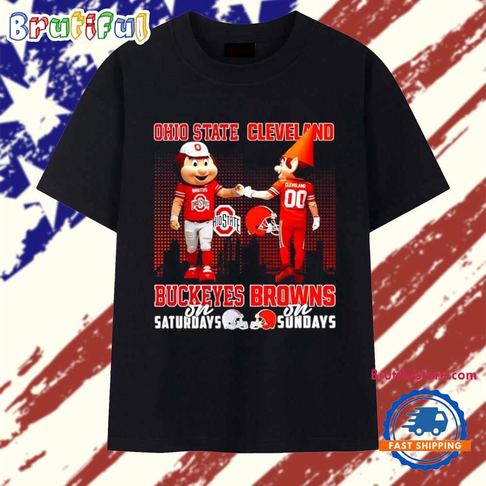Ohio State Buckeyes on Saturdays vs Cleveland Browns on Sundays Mascot Skyline T Shirt