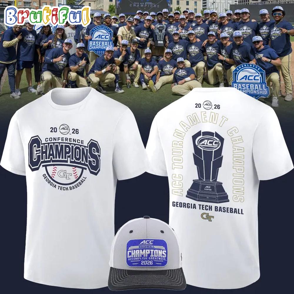Georgia Tech Yellow Jackets Baseball ACC Tournament Champions 2026 White T Shirt Georgia Tech Yellow Jackets Baseball ACC Tournament Champions 2026 White T Shirt
