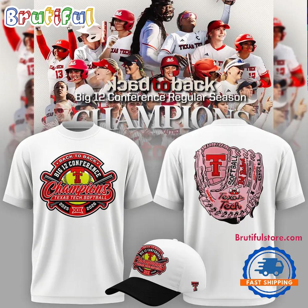 Texas Tech Red Raiders Softball BACK-TO-BACK BIG 12 CHAMPIONS 2026 White T Shirt Texas Tech Red Raiders Softball BACK-TO-BACK BIG 12 CHAMPIONS 2026 White T Shirt