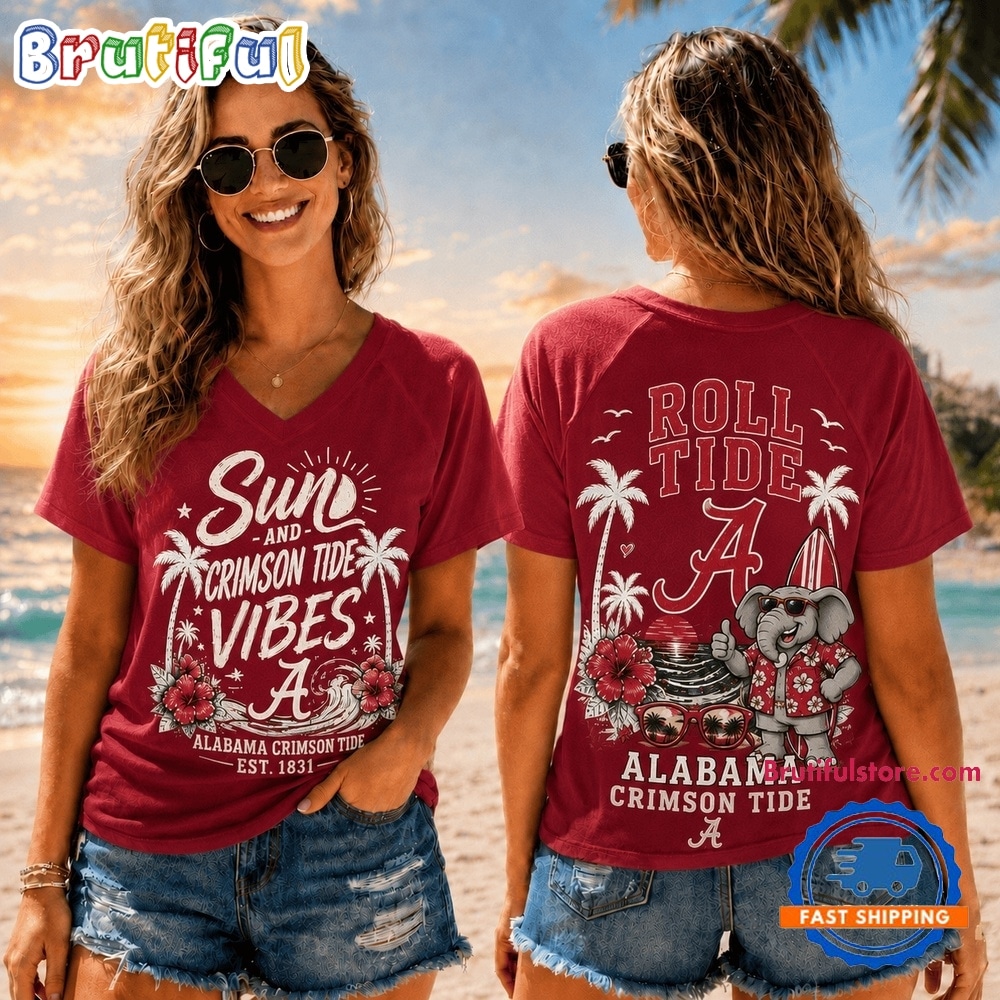 Alabama Crimson Tide NCAA Sunset and Beach Vibes V neck T Shirt Alabama Crimson Tide NCAA Sunset and Beach Vibes V neck T Shirt