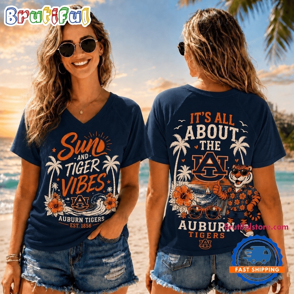 Auburn Tigers NCAA Sunset and Beach Vibes V neck T Shirt Auburn Tigers NCAA Sunset and Beach Vibes V neck T Shirt