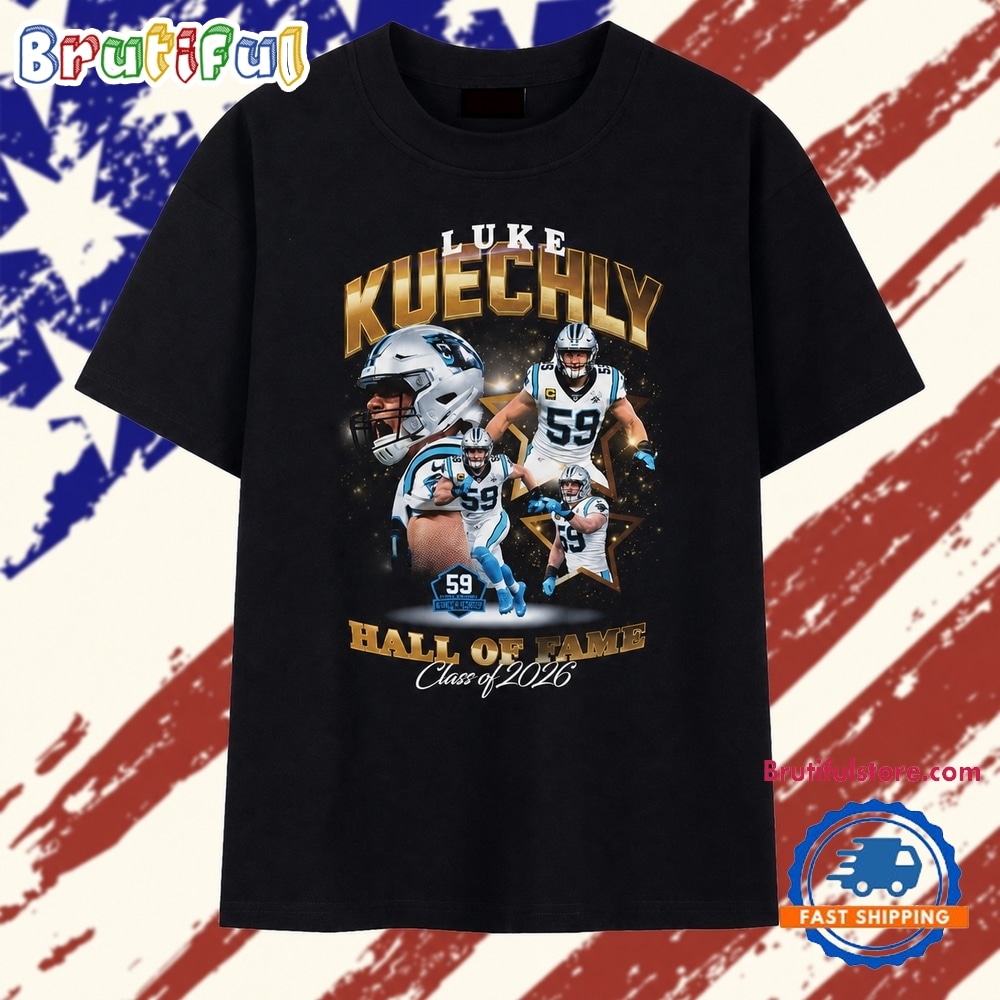 Carolina Panthers Luke Kuechly Mitchell & Ness Black Pro Football Hall of Fame Class of 2026 Collage T Shirt Carolina Panthers Luke Kuechly Mitchell & Ness Black Pro Football Hall of Fame Class of 2026 Collage T Shirt